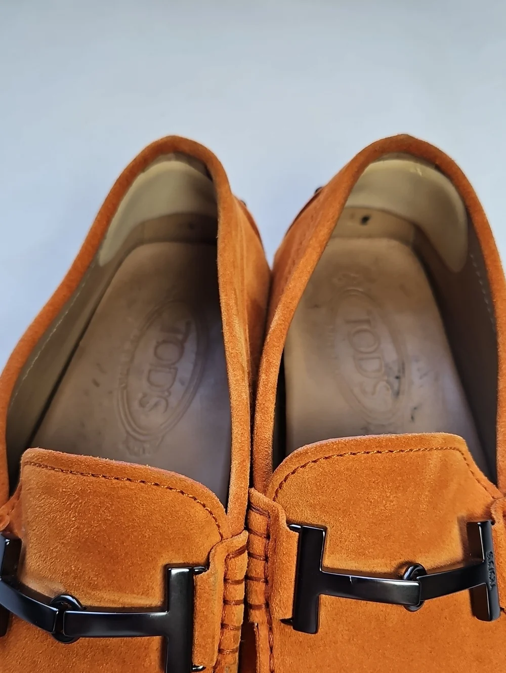 TOD'S Double T Gommino Suede Driving Loafers In Burnt Orange,  Size 5 1/2
